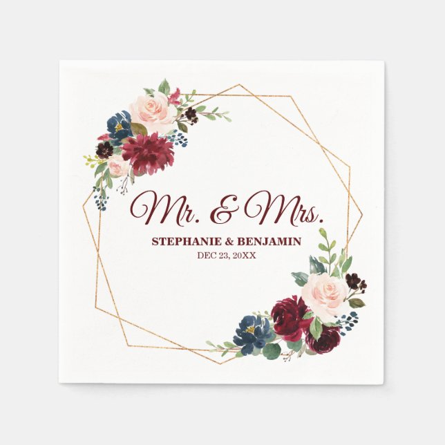 Burgundy Red Navy Floral Geometric Paper Napkin Serviette (Vorderseite)