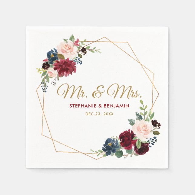 Burgundy Red Navy Floral Geometric Paper Napkin Serviette (Vorderseite)
