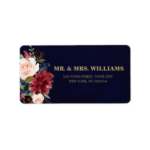 Burgundy Red Navy Floral Rustic Boho Adressetikett