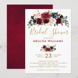 Burgundy Red Navy Floral Rustic Boho Brautparty Einladung