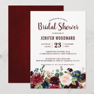 Burgundy Red Navy Floral Rustic Boho Brautparty Einladung