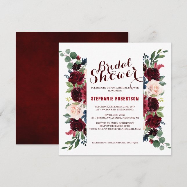 Burgundy Red Navy Floral Rustic Boho Brautparty Einladung (Vorne/Hinten)