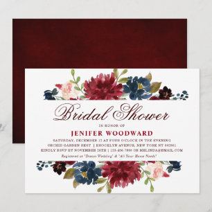 Burgundy Red Navy Floral Rustic Boho Brautparty Einladung