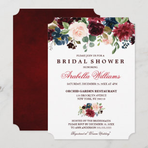 Burgundy Red Navy Floral Rustic Boho Brautparty Einladung