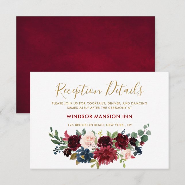 Burgundy Red Navy Floral Rustic Boho Empfang Einladung (Vorne/Hinten)