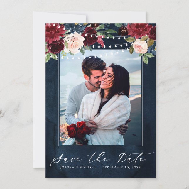Burgundy Red Navy Floral Rustic Boho Foto Save The Date (Vorderseite)
