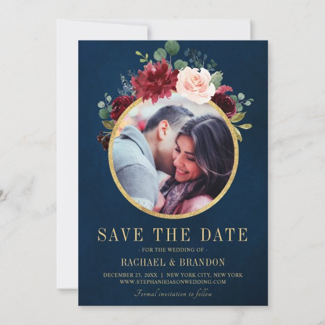 Burgundy Red Navy Floral Rustic Boho Foto Save The Date (Vorderseite)