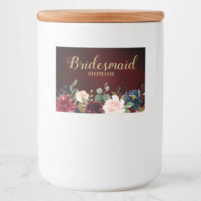 Burgundy Red Navy Floral Rustic Boho Hochzeitslabe Lebensmitteletikett (Vorderseite)