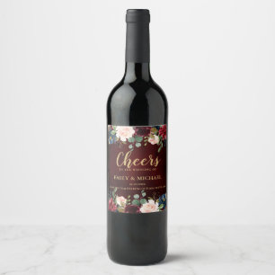 Burgundy Red Navy Floral Rustic Boho Hochzeitslabe Weinetikett