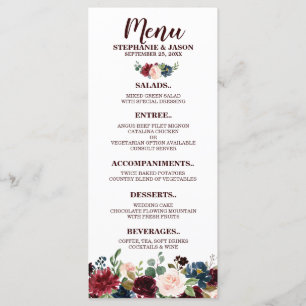 Burgundy Red Navy Floral Rustic Boho Menu Mariage