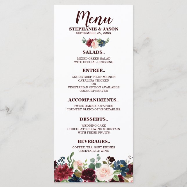 Burgundy Red Navy Floral Rustic Boho Menu Mariage (Devant)