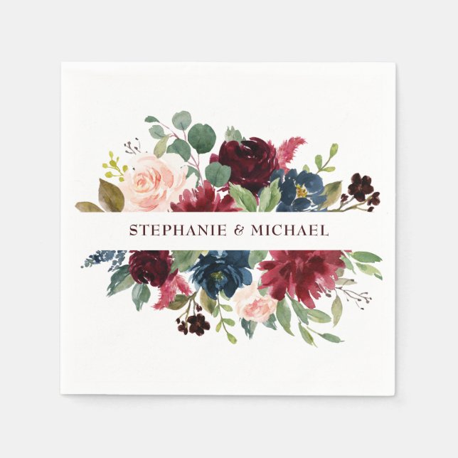 Burgundy Red Navy Floral Rustic Boho Paper Napkin Serviette (Vorderseite)