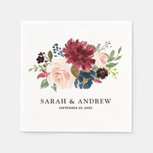 Burgundy Red Navy Floral Rustic Boho Paper Napkin Serviette