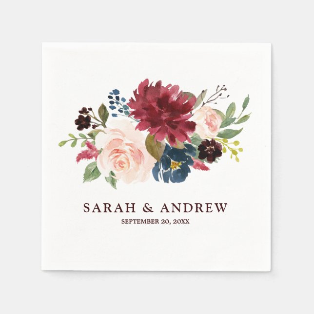 Burgundy Red Navy Floral Rustic Boho Paper Napkin Serviette (Vorderseite)