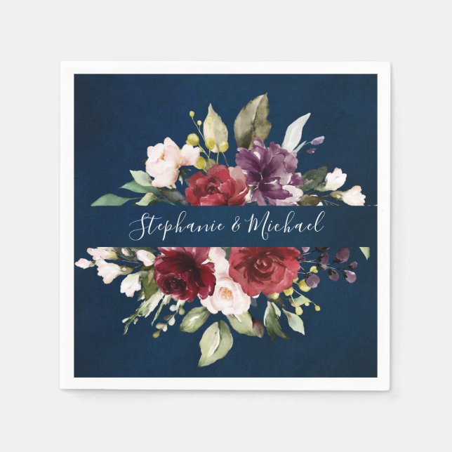 Burgundy Red Navy Floral Rustic Boho Paper Napkin Serviette (Vorderseite)