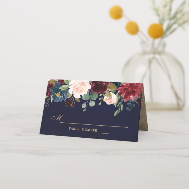 Burgundy Red Navy Floral Rustic Boho Platzkarte (Vorderseite)