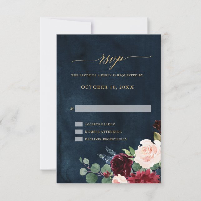 Burgundy Red Navy Floral Rustic Boho RSVP Karte (Vorderseite)