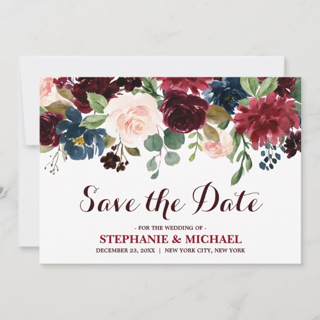 Burgundy Red Navy Floral Rustic Boho Save the Date (Vorderseite)