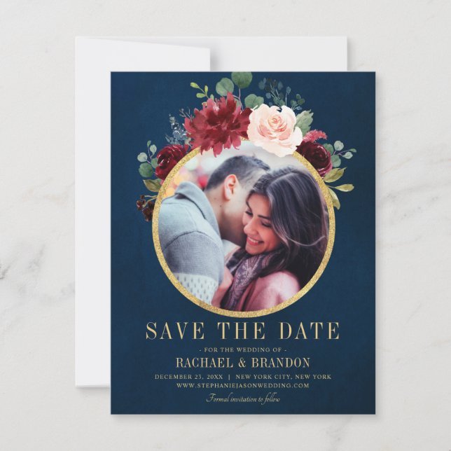 Burgundy Red Navy Floral Rustic Boho Save the Date Ankündigung (Vorderseite)