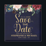 Burgundy Red Navy Floral Rustic Boho Sve Datum Magnet<br><div class="desc">Watercolor Burgundy Red Navy Floral Boho Hochzeit Speichern Sie den Datums-Magneten mit Gold Text. Ideal für eine Hochzeit im Herbst. Das Design verfügt über ein atemberaubendes Bouquet aus Bordeaux / Marsala , Pfirsich , Marine Blume / Rose mit passenden Blätter. Mehr passende Designs und Variationen finden Sie in meinem "Blitzweddingpaperie"...</div>