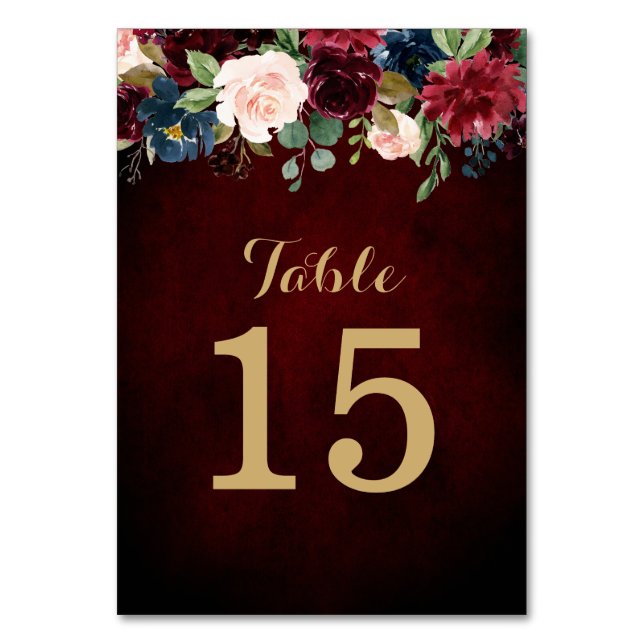 Burgundy Red Navy Floral Rustic Boho Tischnummer (Vorderseite)