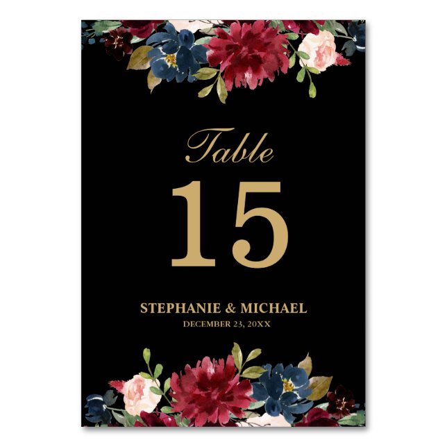 Burgundy Red Navy Floral Rustic Boho Tischnummer (Rückseite)