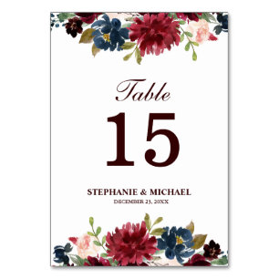 Burgundy Red Navy Floral Rustic Boho Tischnummer