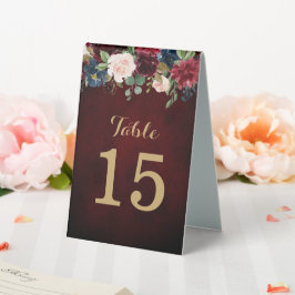 Burgundy Red Navy Floral Rustic Boho Tischnummer Tischaufsteller
