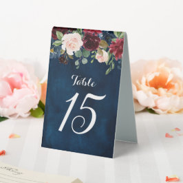 Burgundy Red Navy Floral Rustic Boho Tischnummer Tischaufsteller