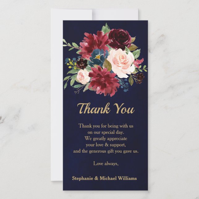Burgundy Red Navy Floral Rustic Boho Vielen Dank Dankeskarte (Vorderseite)