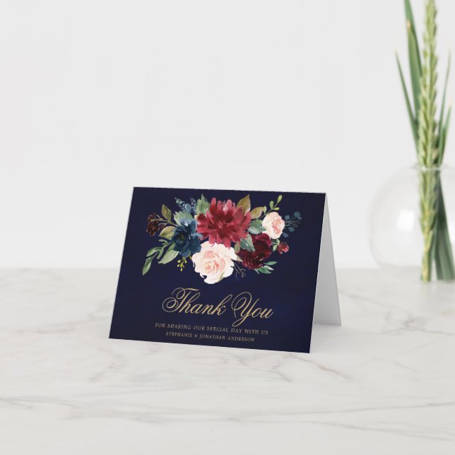 Burgundy Red Navy Floral Rustic Boho Vielen Dank Dankeskarte (Vorderseite)
