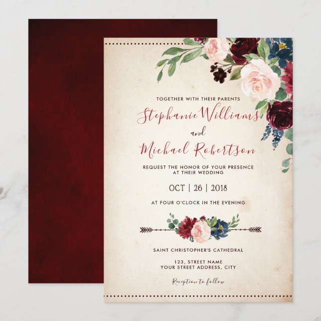 Burgundy Red Navy Floral Rustic Boho Wedding Einladung (Vorne/Hinten)