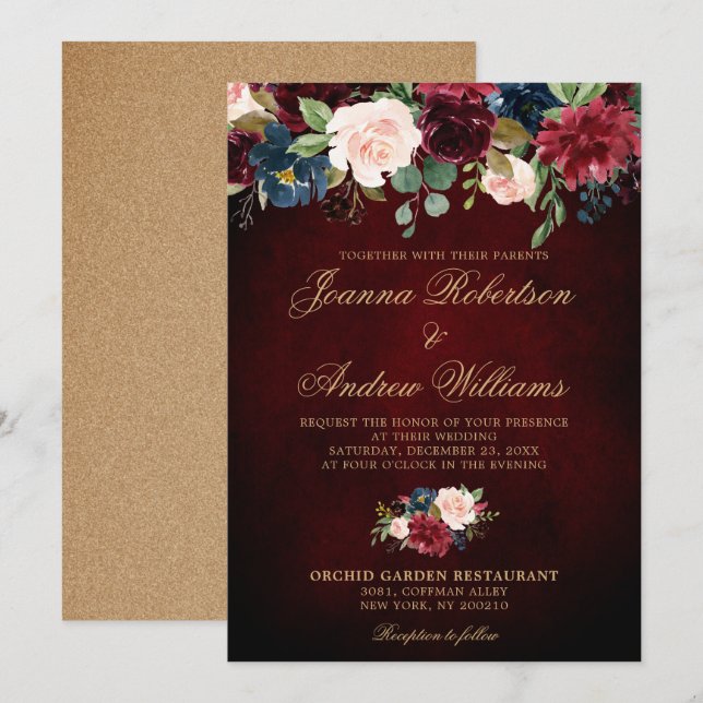 Burgundy Red Navy Floral Rustic Boho Wedding Einladung (Vorne/Hinten)