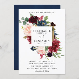 Burgundy Red Navy Floral Rustic Boho Wedding Einladung