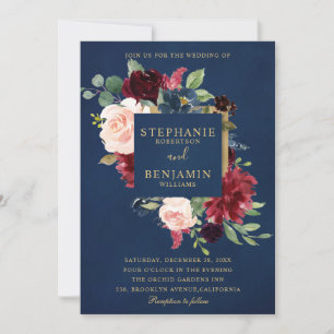 Burgundy Red Navy Floral Rustic Boho Wedding Einladung
