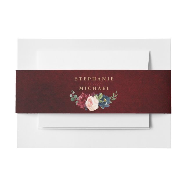 Burgundy Red Navy Floral Rustic Boho Wedding Einladungsbanderole (Vorderseite Beispiel)