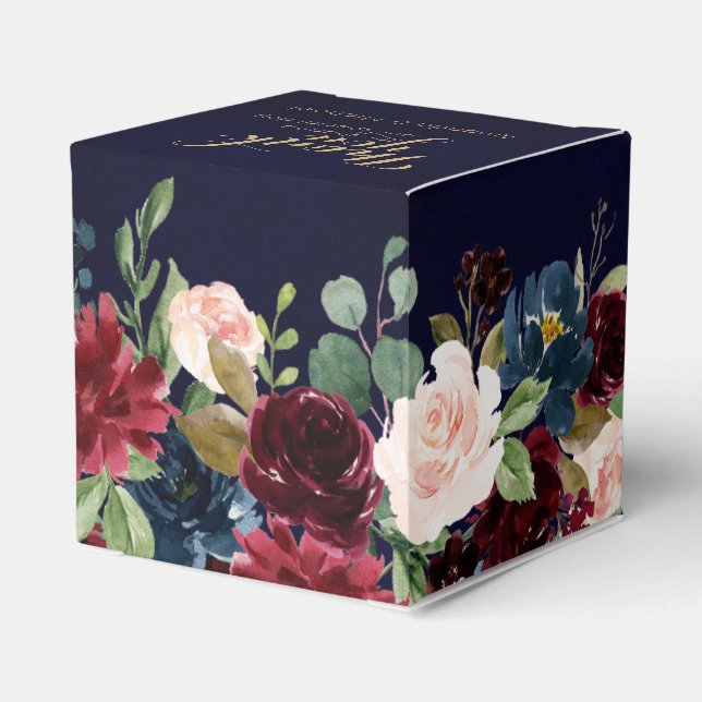 Burgundy Red Navy Floral Rustic Boho Wedding Geschenkschachtel (Rückseite)