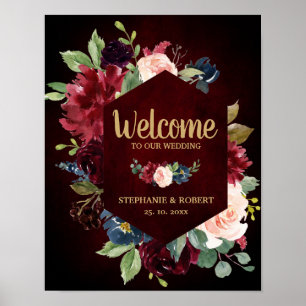 Burgundy Red Navy Floral Rustic Boho Wedding Sign Poster
