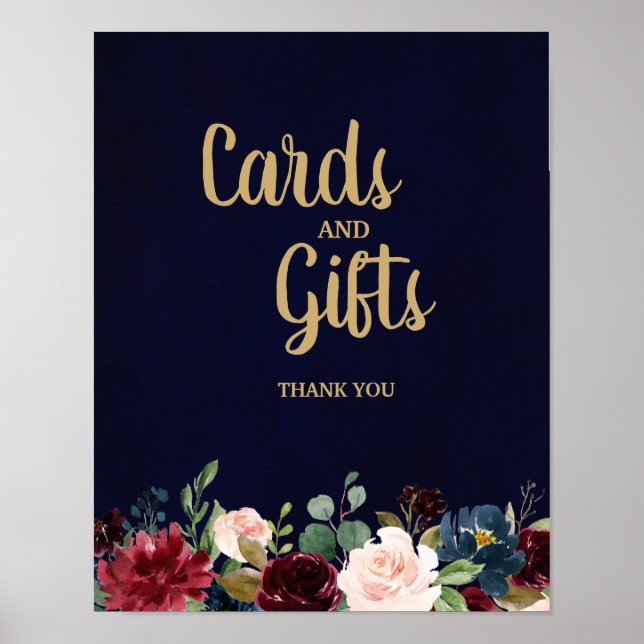 Burgundy Red Navy Floral Rustic Boho Wedding Sign Poster (Vorne)