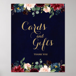 Burgundy Red Navy Floral Rustic Boho Wedding Sign Poster