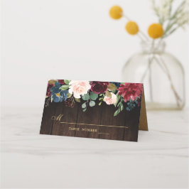 Burgundy Red Navy Floral Rustic Holz Platzkarte