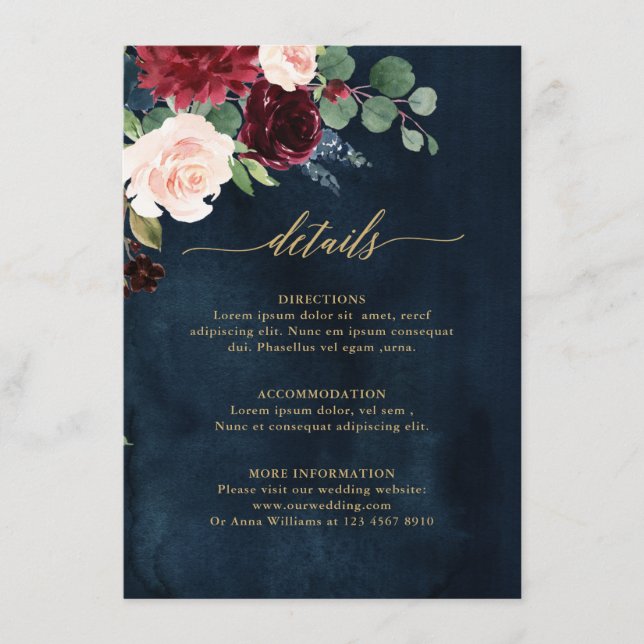 Burgundy Red Navy Floral Rustic Wedding Details En Begleitkarte (Vorderseite)