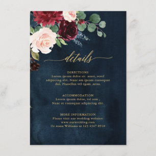 Burgundy Red Navy Floral Rustic Wedding Details En Begleitkarte