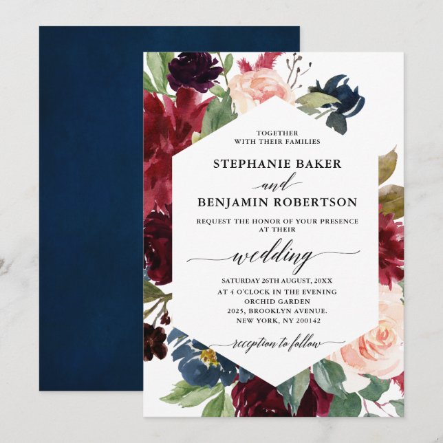 Burgundy Red Navy Moderne geometrische Hochzeit Einladung (Vorne/Hinten)