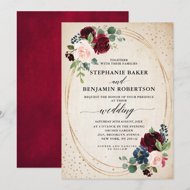 Burgundy Red Navy Moderne geometrische Hochzeit Einladung (Vorne/Hinten)