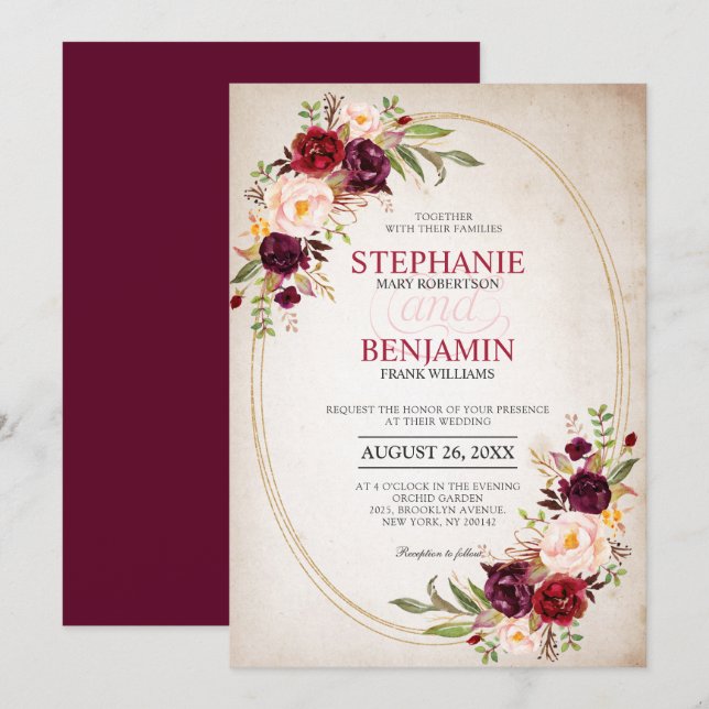 Burgundy Red Navy Moderne geometrische Hochzeit Einladung (Vorne/Hinten)