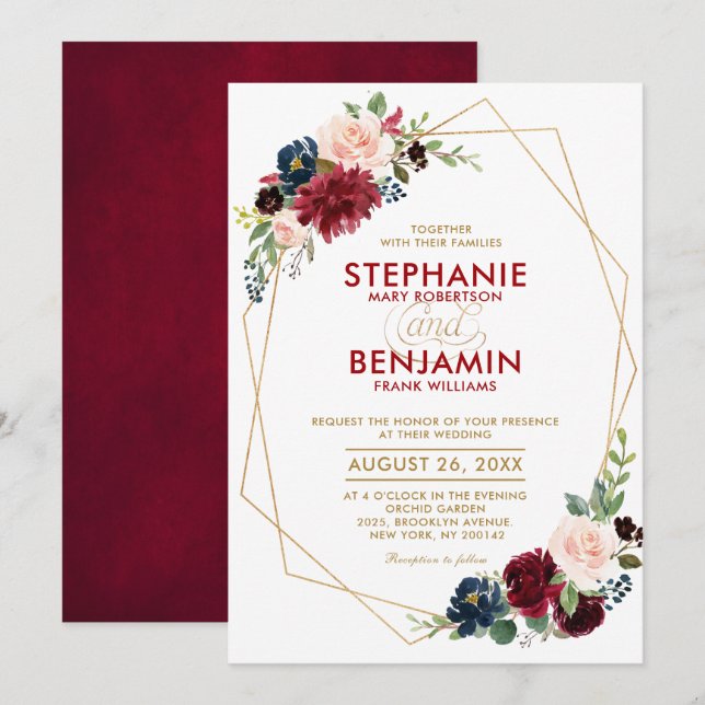 Burgundy Red Navy Moderne geometrische Hochzeit Einladung (Vorne/Hinten)