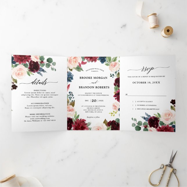 Burgundy Red Navy triple Faire-part de mariage (Intérieur)