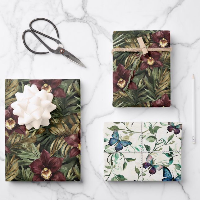 Burgundy Red Orchid Floral Butterfly Brautparty Geschenkpapier Set (Vorderseite)