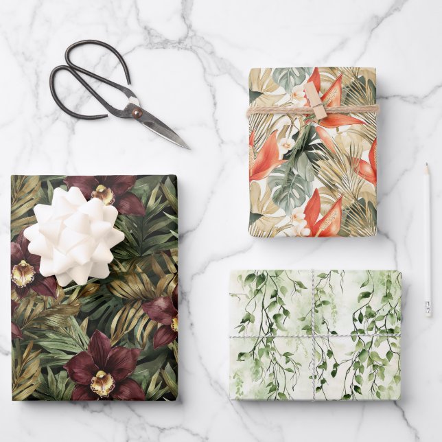 Burgundy Red Orchid Floral Tropical Brautparty Geschenkpapier Set (Vorderseite)
